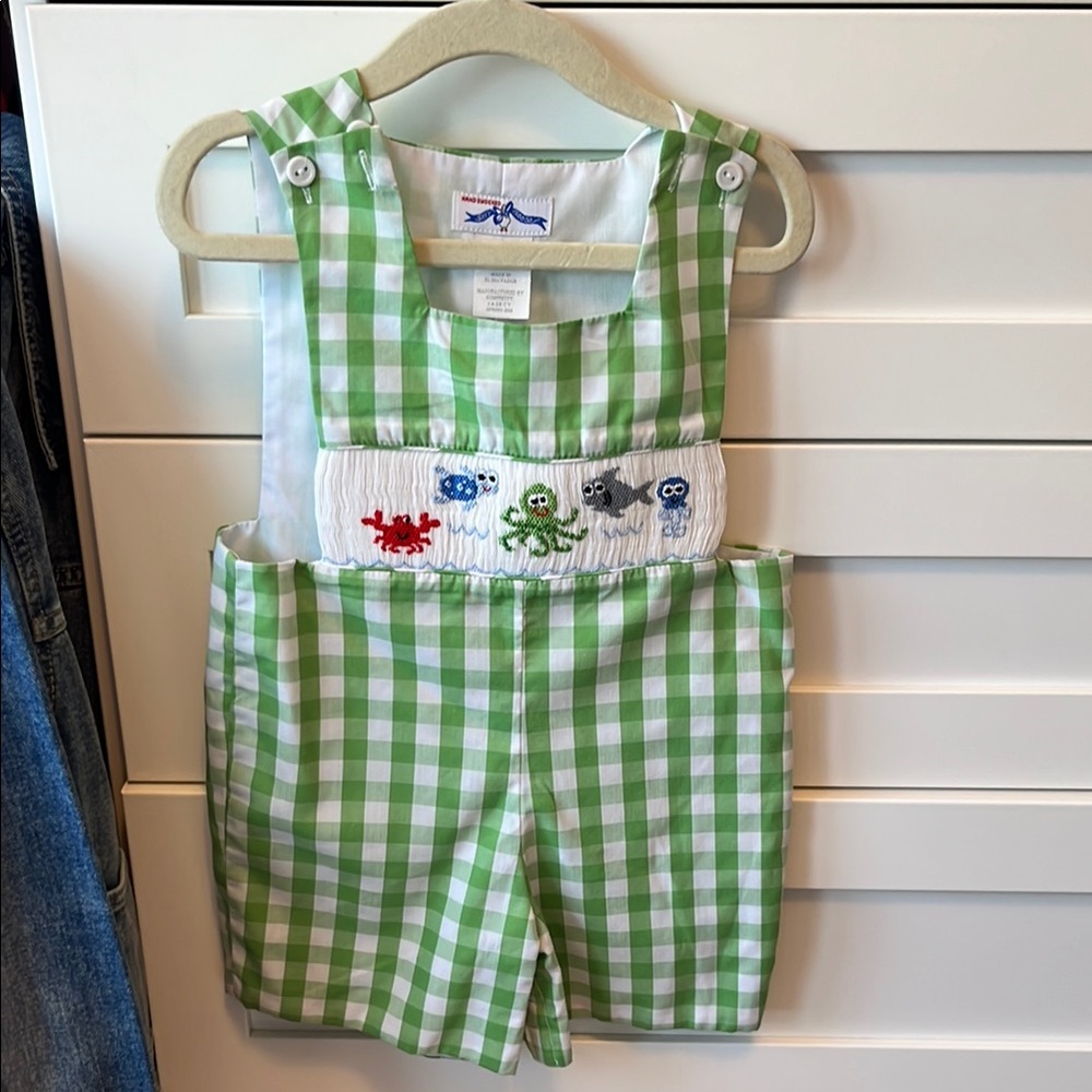 Green and White Gingham One Piece Overalls with Smocked Bib